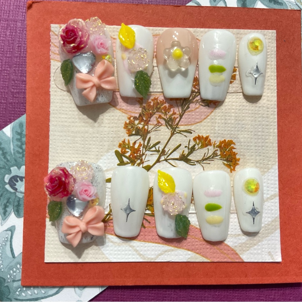 Floral ~ 50 Shades Of Pink Collection ~ Press On Nails Set w/Bows & Gems #023